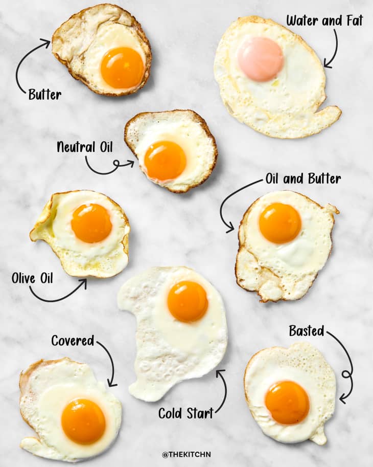 overhead shot of eight different eggs fried using different methods on a marble surface