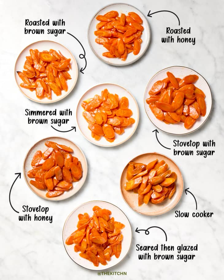 overhead shot of seven methods of glazed carrots.