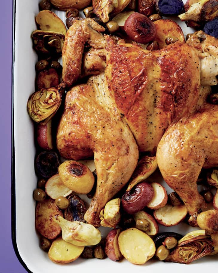 roasted chicken with potatoes, artichokes, and olives