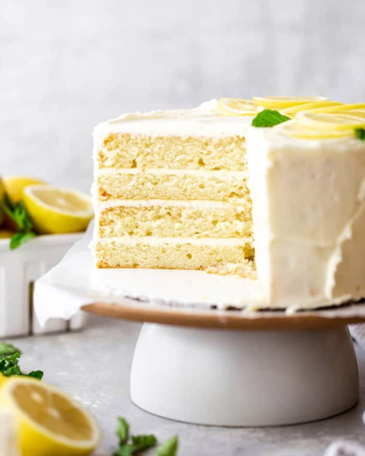 lemon layer cake on cake stand