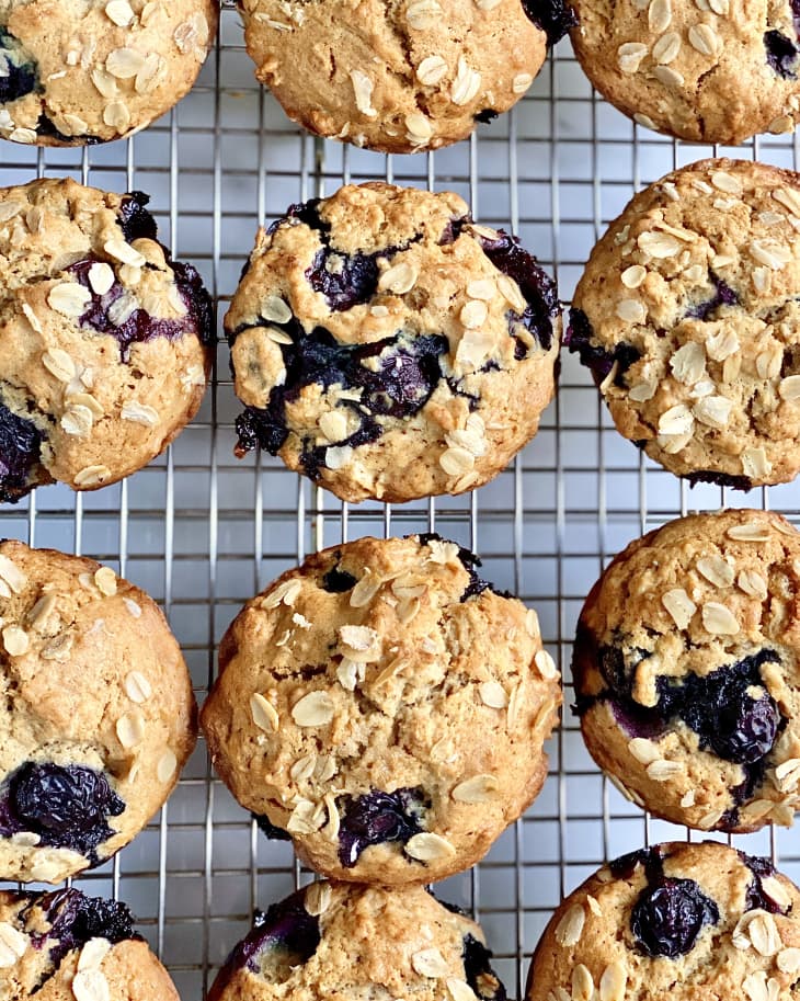 Photograph of blueberry oatmeal muffins.