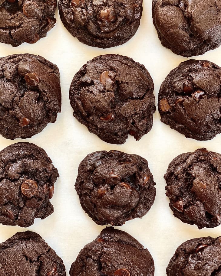Overhead photo of double chocolate chip cookies.