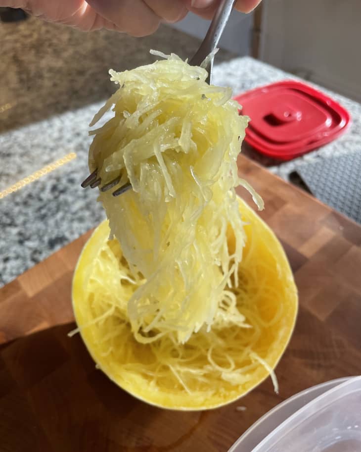 spaghetti squash noodles after being cooked in microwave