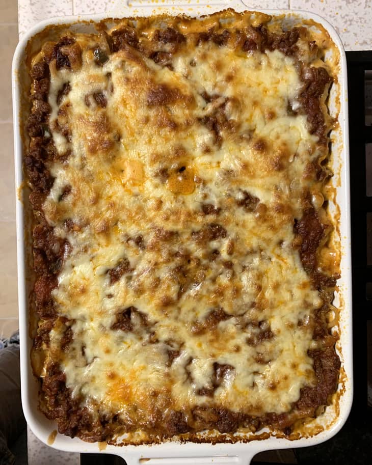 Overhead photo of TikTok baked spaghetti in casserole dish