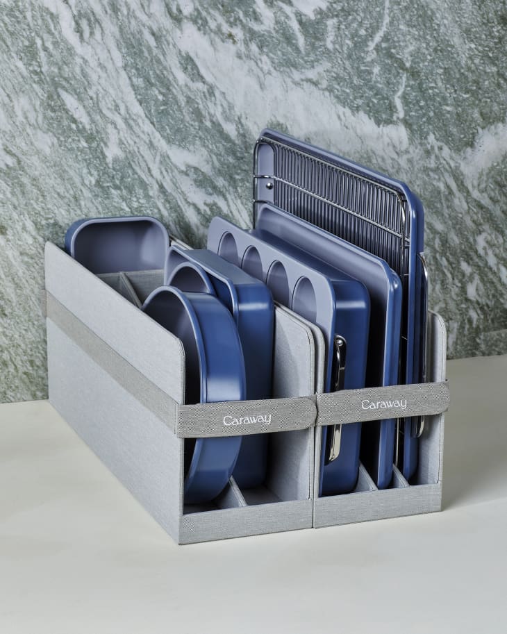 Caraway Home bakeware entire collection in rack on kitchen counter