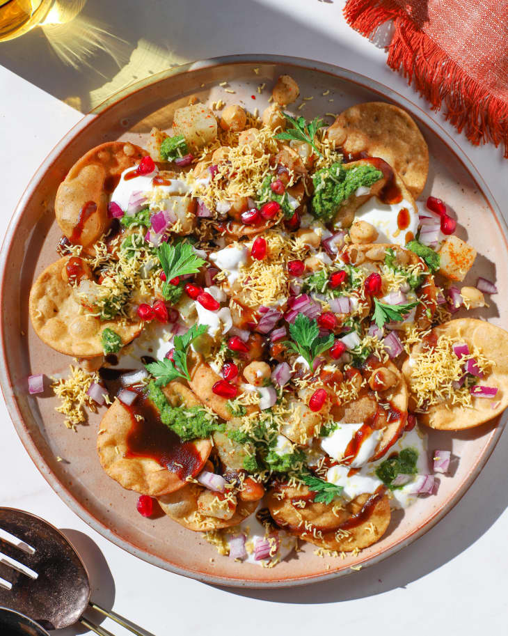 Overhead photo of Papdi Chaat on a ceramic plate in natural light