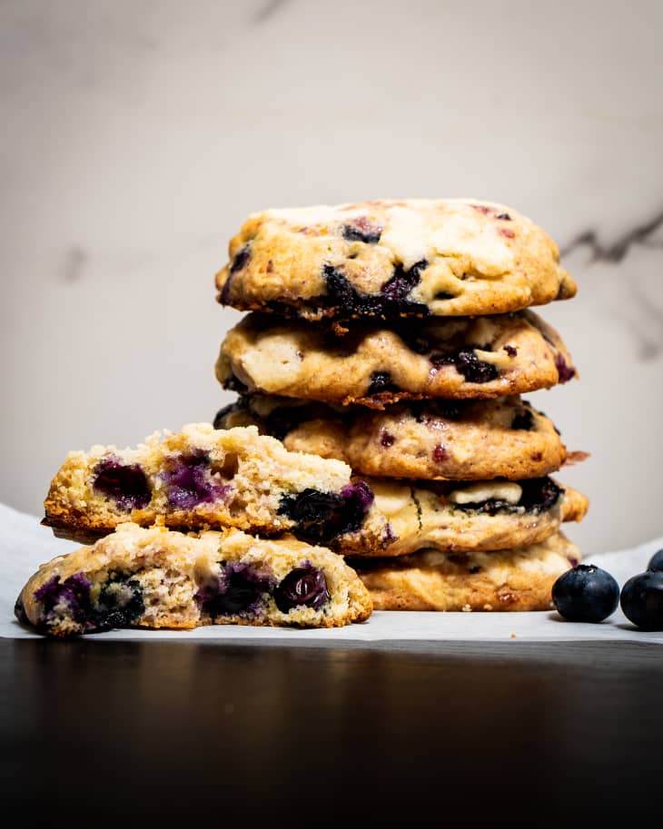 Blueberry muffin cookies stacked.