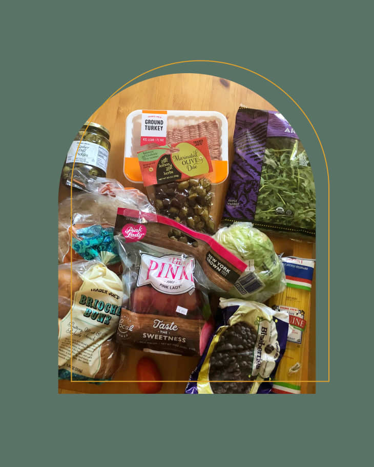 Trader Joe's grocery haul on green graphic background
