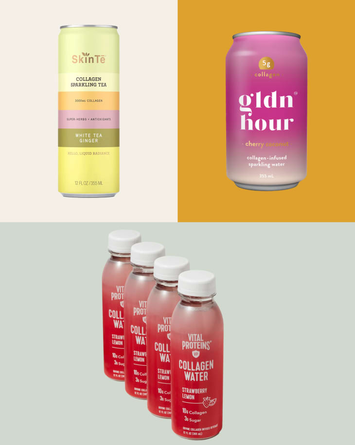 College beverages on graphic background. Clockwise from top right: Gldn Hour, Vital Proteins, Skin Tē.