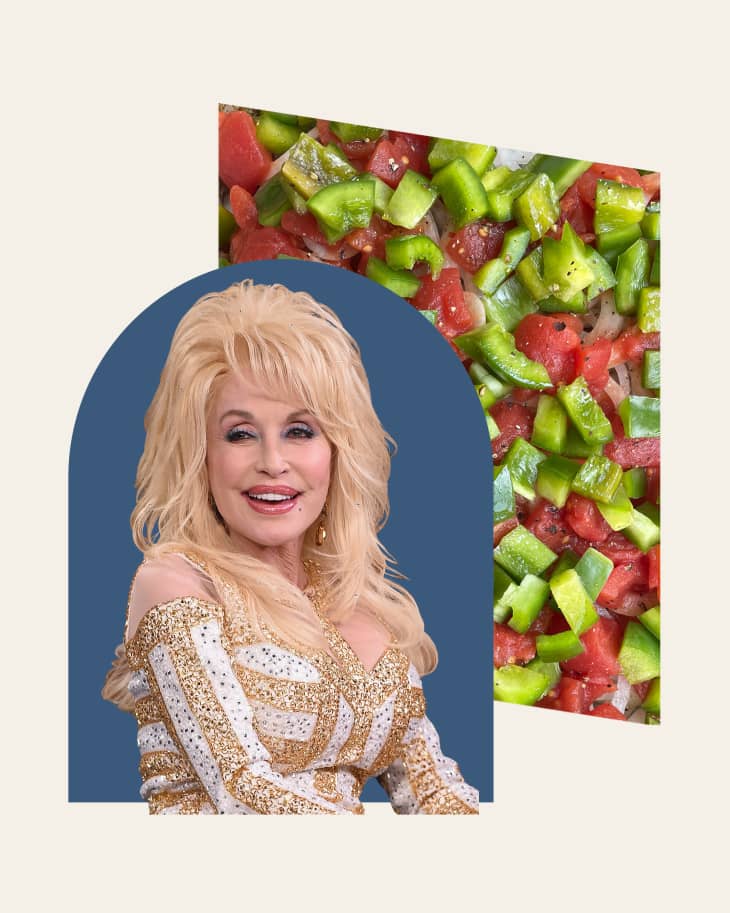 colored graphic with a photo of Dolly Parton in a gold and white dress on the left, and her 5-layer-dinner (before baking) on the right