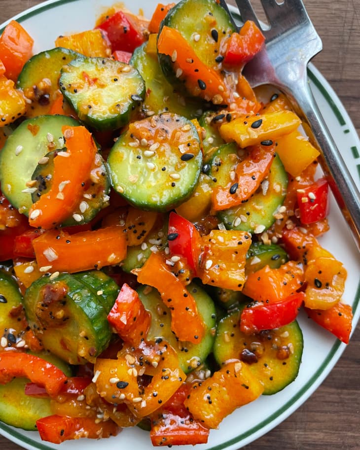 Plated sweet pepper and cucumber salad.