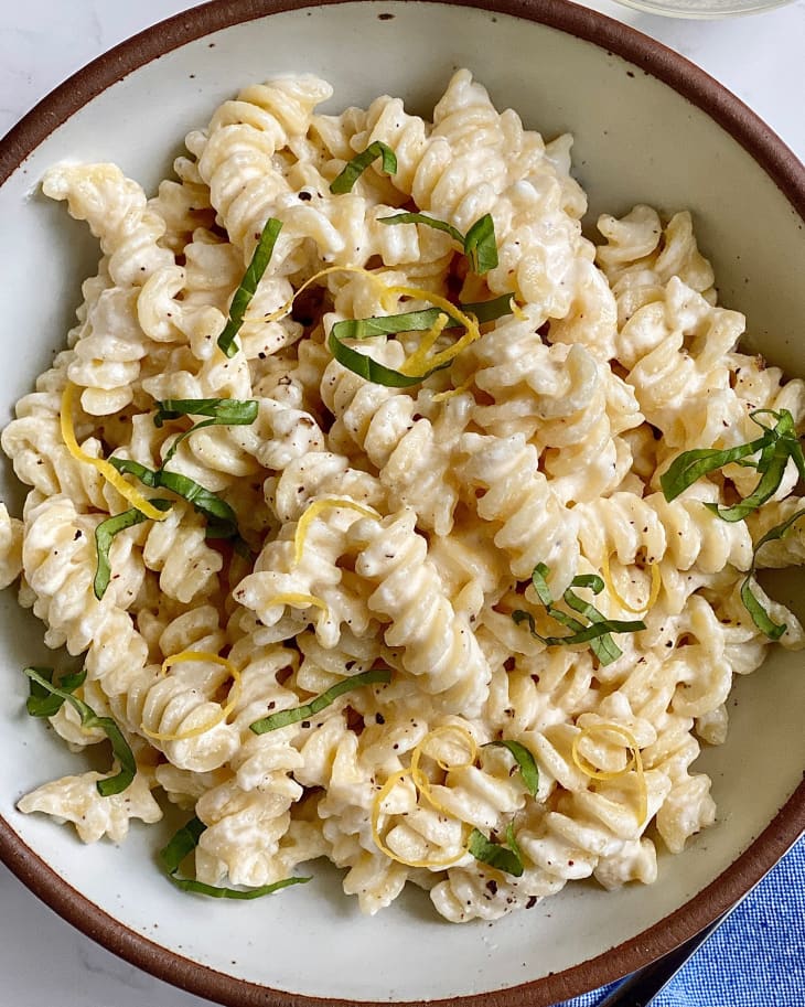 Bowl of cottage cheese pasta.