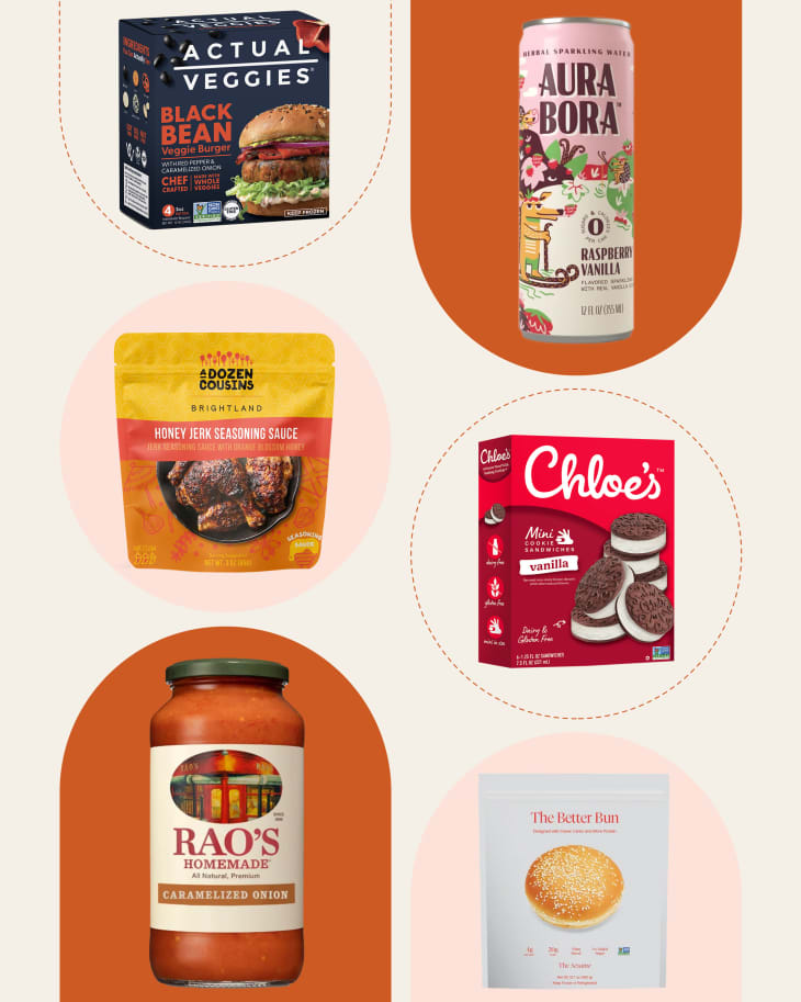 Product images of 6 different grocery items on graphic colored background