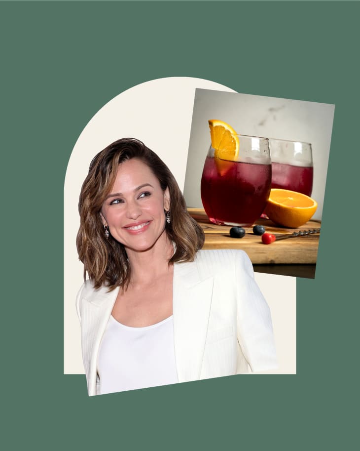 Photo of jennifer garner smiling and looking to the side, with a photo of her summer mocktails in two glasses with orange garnish next to it on graphic background