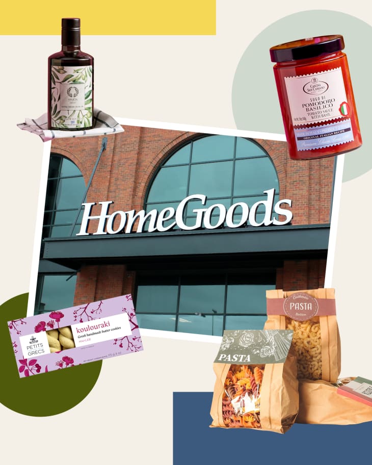 Photo collage with homegoods storefront, then selections of grocery items from the store on colored graphic background.