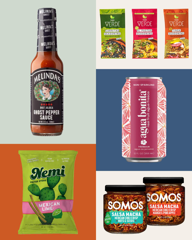 5 Latinx or Hispanic-owned grocery products on a colored background