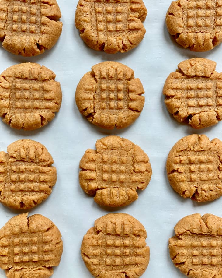 Peanut butter cookies on baking sheet.