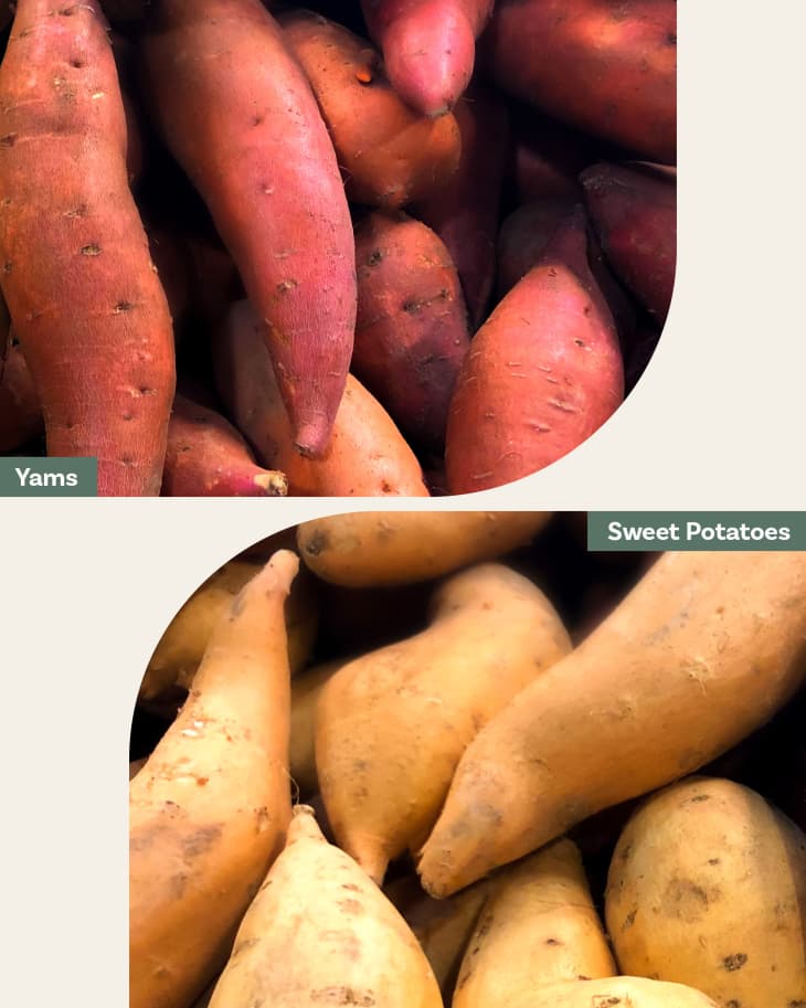 2 photos comparing yams and sweet potatoes