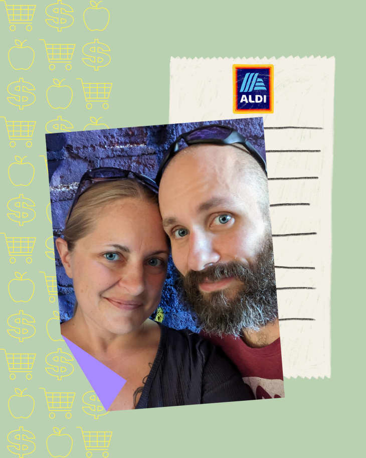 portrait of couple and aldi receipt on graphic background