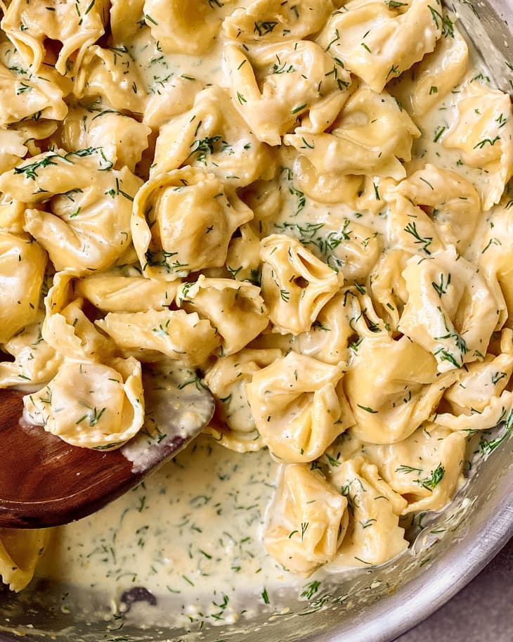 Lemon dill tortellini in skillet.