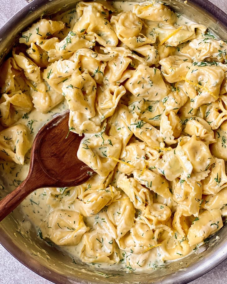 Lemon dill tortellini in skillet.