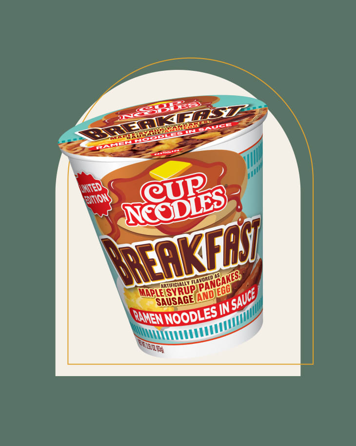 Cup Noodles limited edition breakfast ramen on green and gold background.
