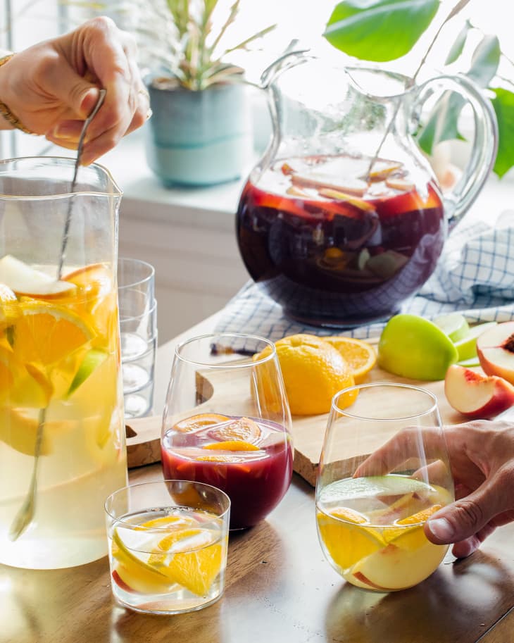 Red and white sangria on kitchen counter.