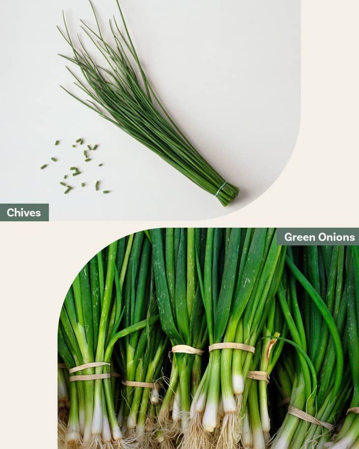 Diptych of chives on top and green onion on bottom
