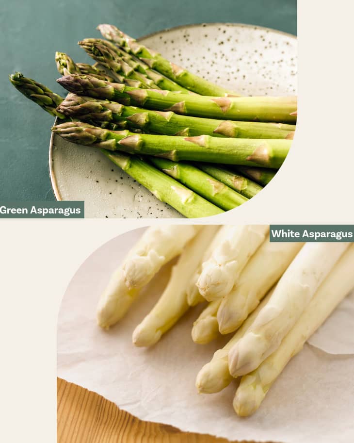 Top to bottom: Asparagus close-up on a plate and green background. White asparagus on paper, close up