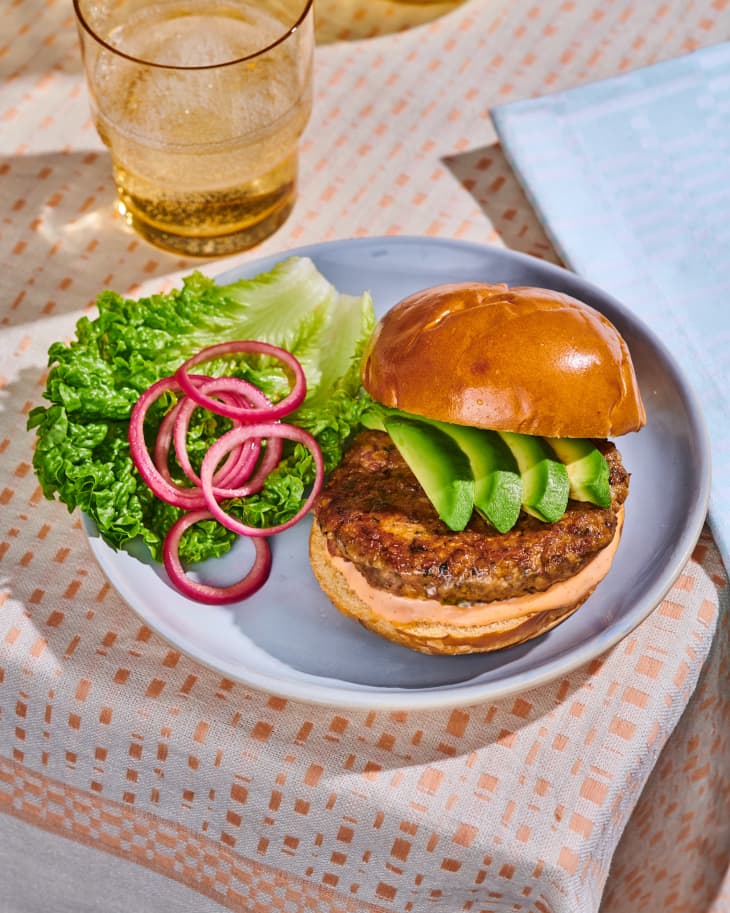 veggie burger stacked hight with avocado