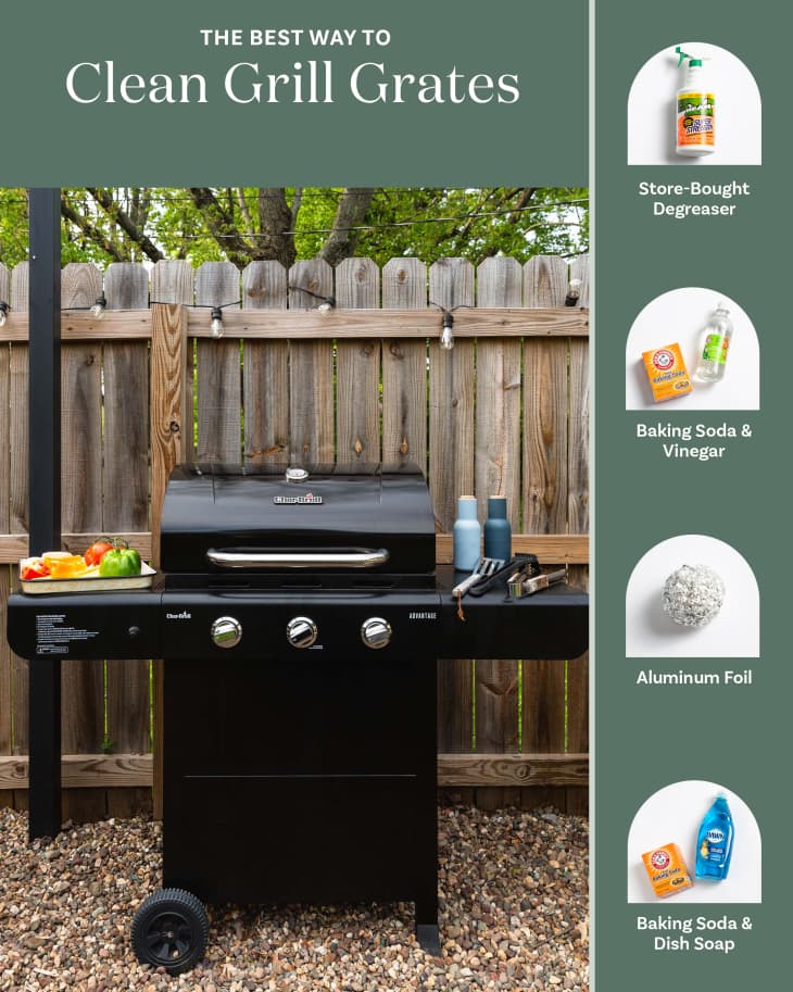 Photo of a black outdoor grill in a backyard next to a fence and trees. Text reads "The Best Way to Clean Grill Grates". There are 4 cleaning methods shown down the side: 1. store-bought degreaser, 2. Baking Soda &amp; Vinegar, 3. Aluminum Foil, 4. Baking soda and Dish soap