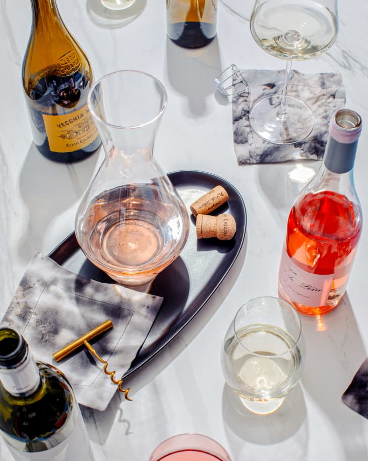 Various wines on tabletop.