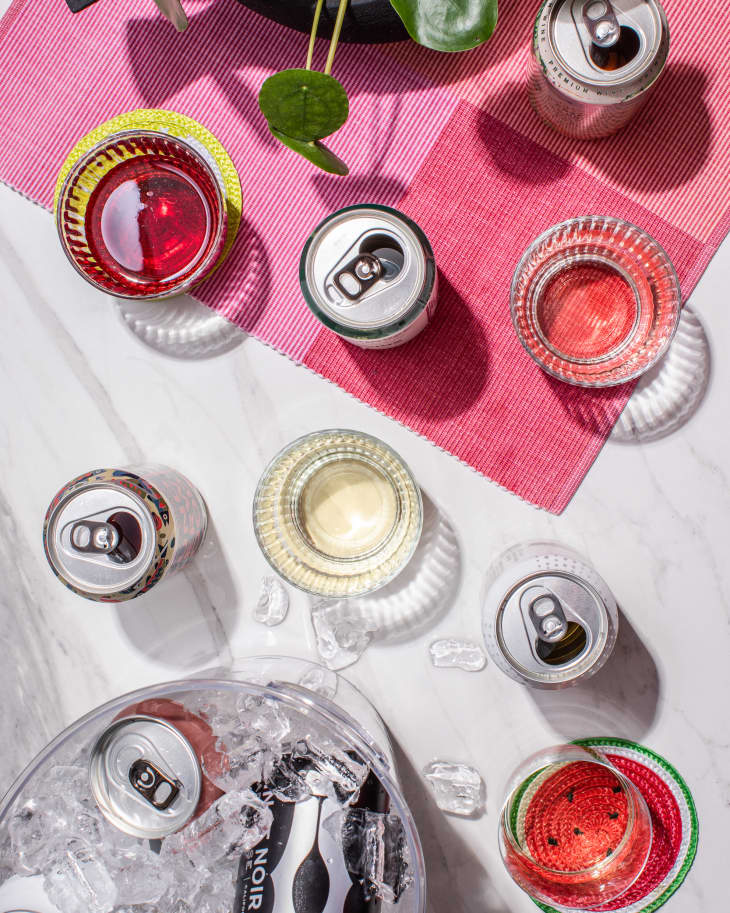 Various canned wines on countertop