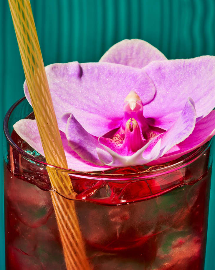 close up of flower in red cocktail glass with green drape background