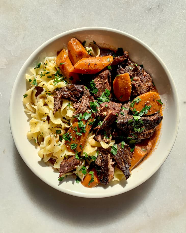 Daube (beef) with egg noodles and carrots