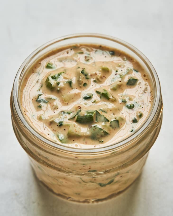 Rémoulade (a European cold sauce based on mayonnaise. Although similar to tartar sauce, it is often more yellowish, sometimes flavored with curry, and sometimes contains chopped pickles or piccalilli. It can also contain horseradish, paprika, anchovies, capers and a host of other items) in a glass jar