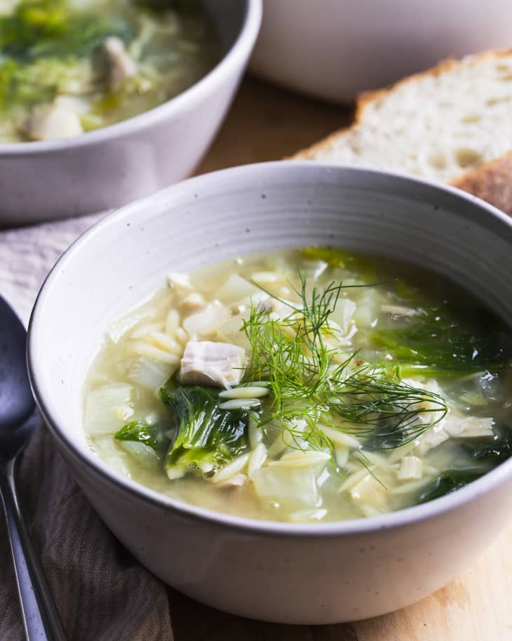 two bowls of chicken orzo soup