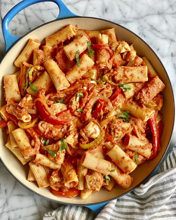 Chicken riggies or Utica riggies is an Italian-American pasta dish native to the Utica-Rome area of New York State. Although many variations exist, it is a pasta-based dish typically consisting of chicken, rigatoni, and hot or sweet peppers in a spicy cream and tomato sauce