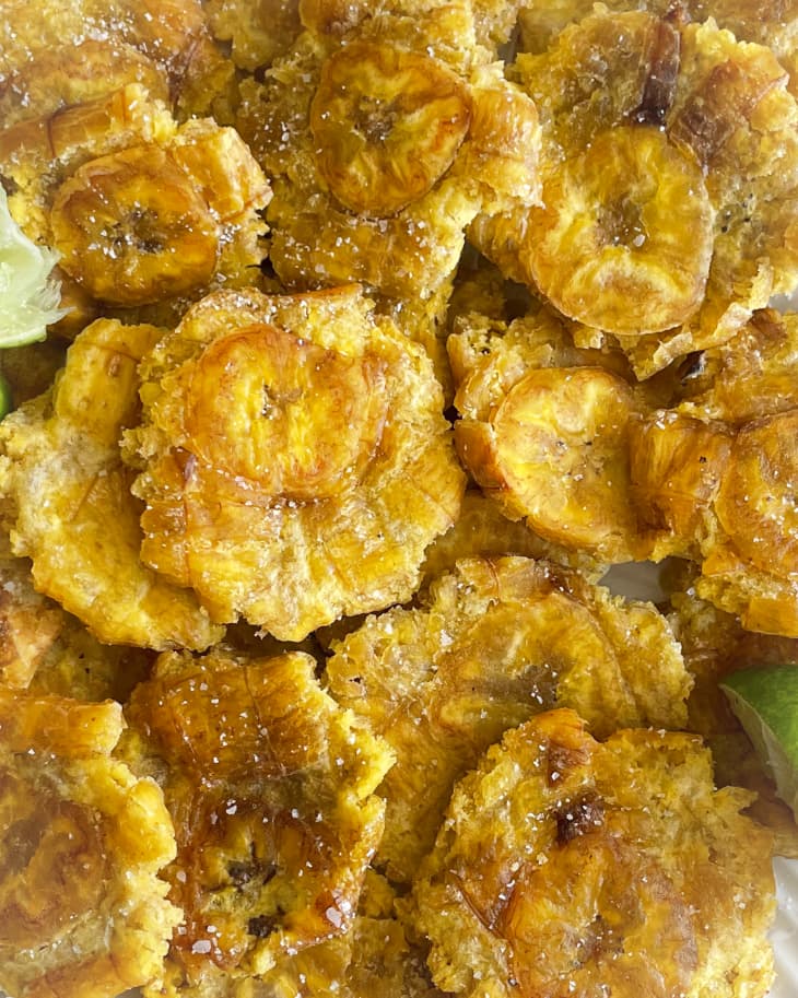 Tostones -  twice-fried plantain slices commonly found in Latin American cuisine and Caribbean cuisine