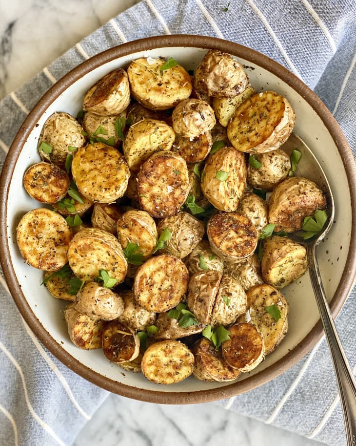 air fryer roasted potatoes tossed with scallions