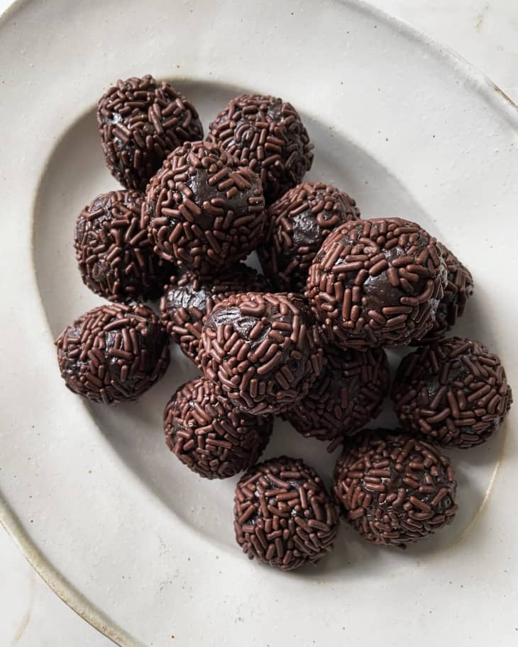 Brigadeiro, made of condensed milk, cocoa powder, butter, and chocolate sprinkles covering the outside layer