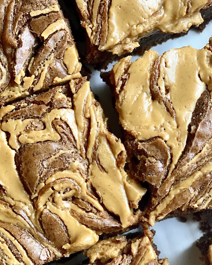 a closeup of brownies swirled with peanut butter