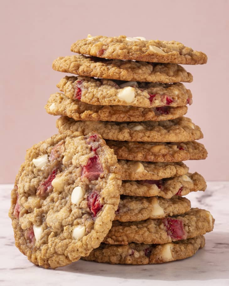 A stack of Strawberry cookies with white chocolate chips