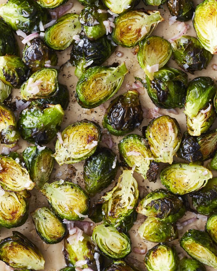 Crisp-golden Brussels sprouts that have been cooked in an air fryer