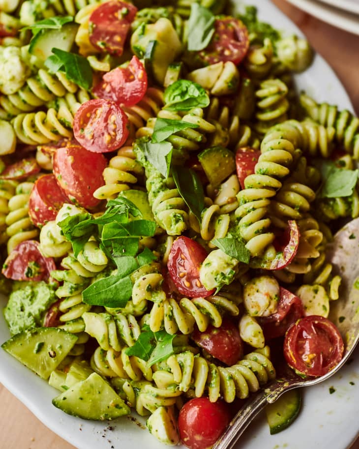 Closeup of pesto pasta salad
