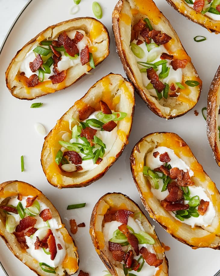 Close up of loaded potato skins.