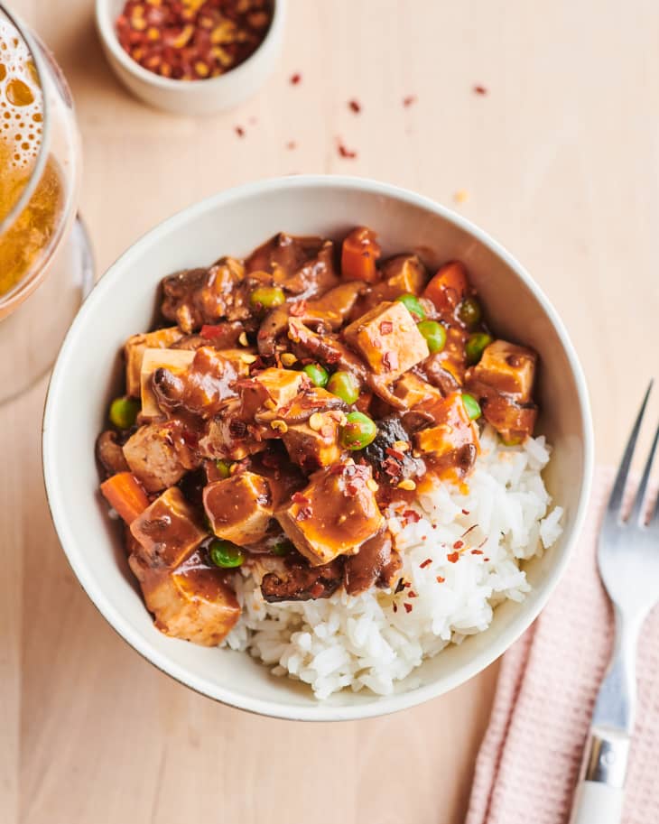 Mapo tofu served over a bed of white rice.