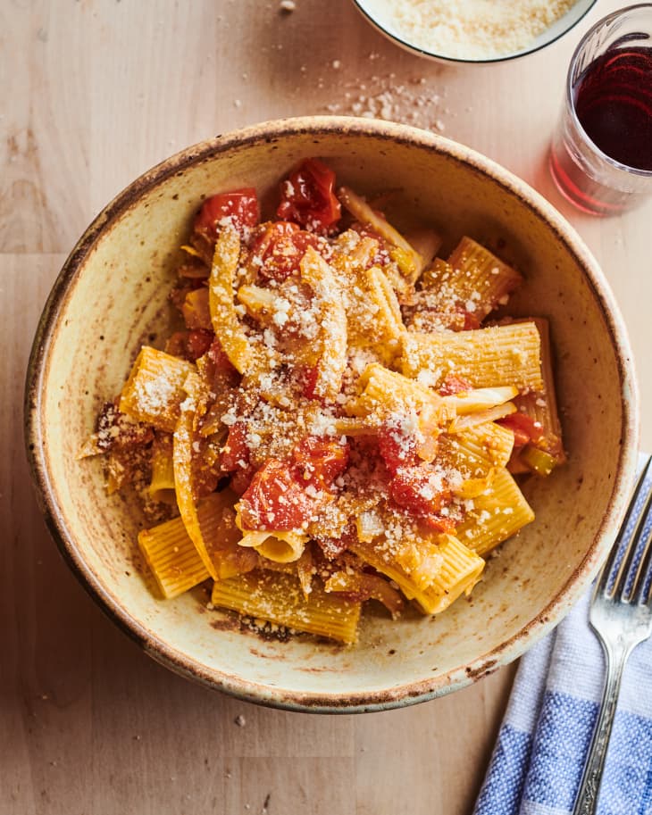 Kristina Gill's pasta with tomatoes, leeks, fennel and guanciale in bowl