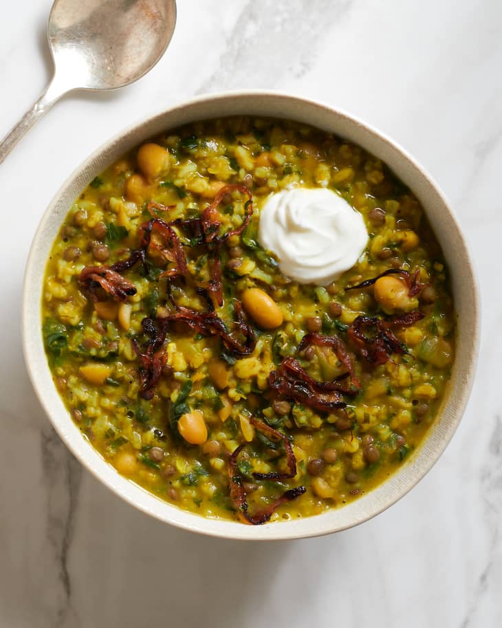 barley, lentil, rice and bean soup with caramelized onions and yogurt