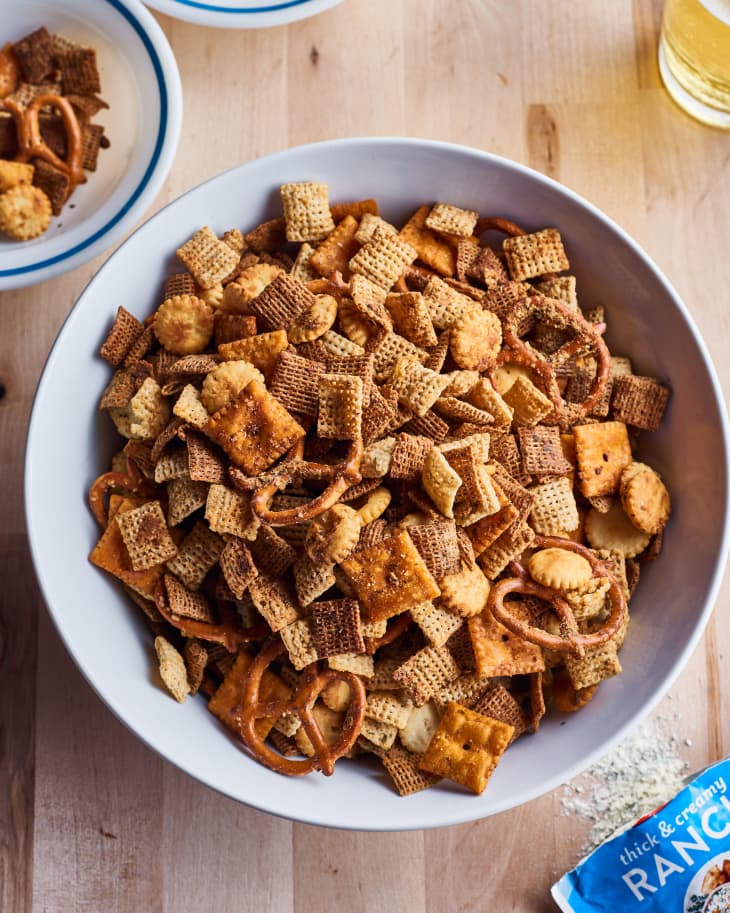 close up of finished ranch chex mix in a bowl